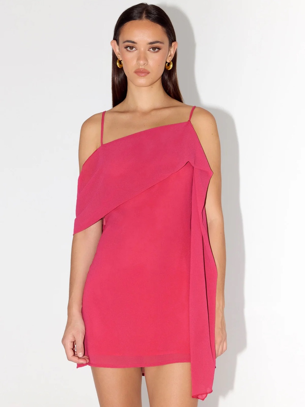 Peppermayo Fuchsia One-Shoulder Mini Dress with Draped Overlay - Picture 2 of 4